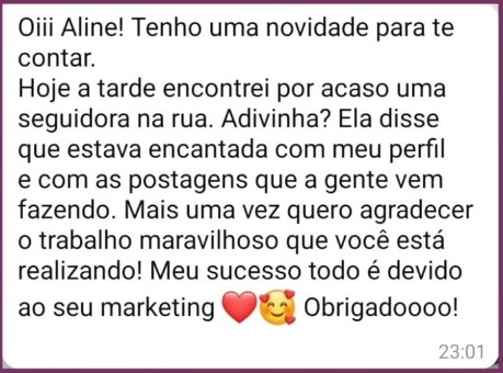 Depoimento original de cliente elogiando o perfil e as publicações